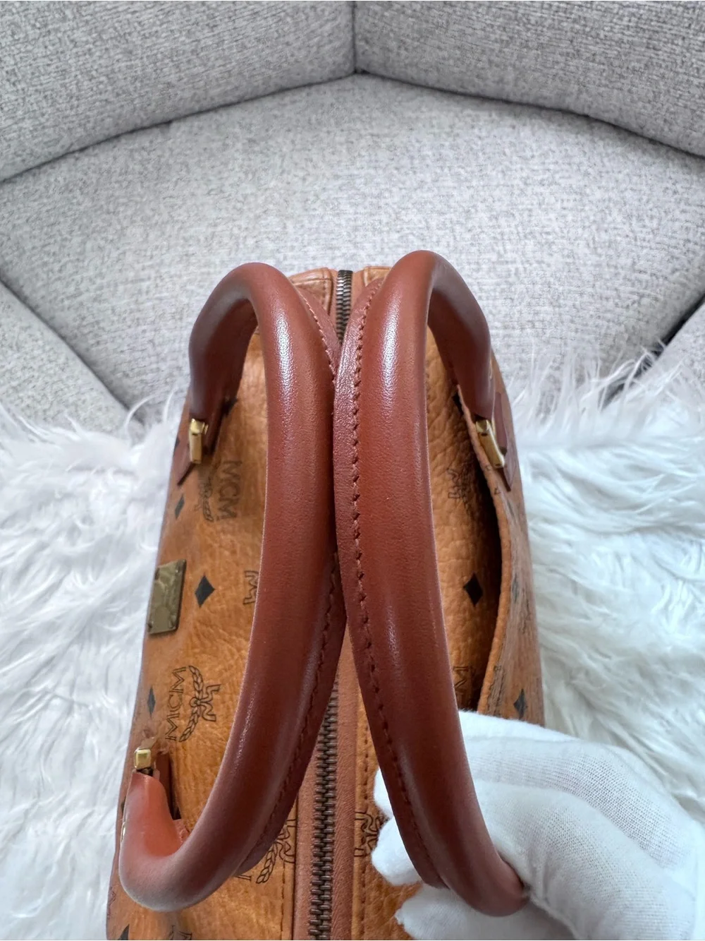 MCM Cognac Visetos Boston Bag